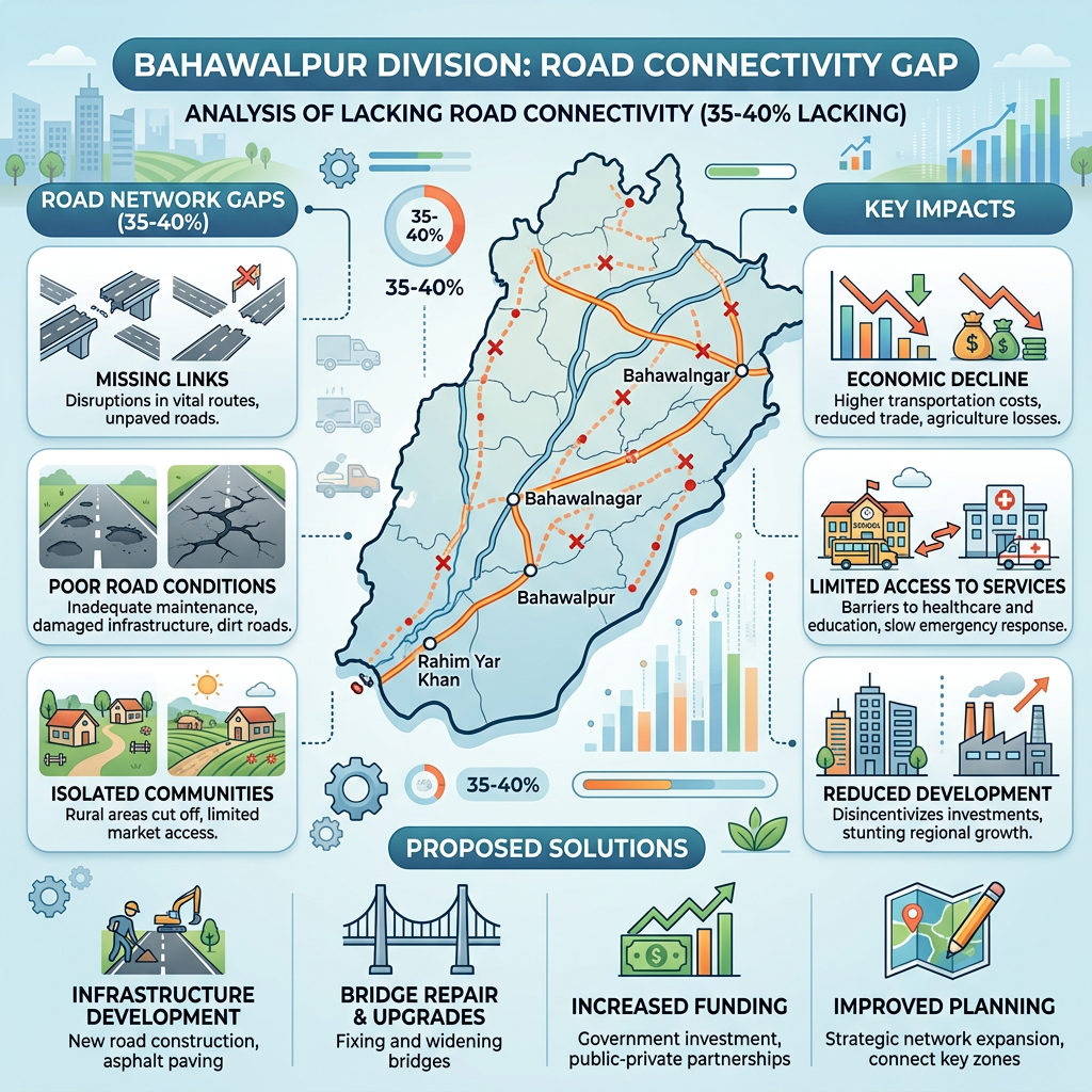 Lacking Road Connectivity in Bahawalpur Division — 35–40%